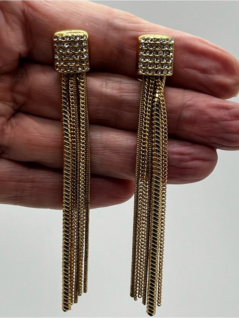 Vince Camuto Clip-On Gold Tone Tassels Rhinestones Earrings Dangle 3" Long Light